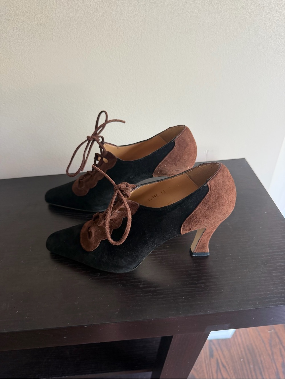 Sacha Too Two-Tone Suede Lace-Up Heels in Black and Brown